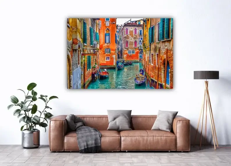 Vivid Colours Of Venice And Its Canals With Their Famous Gondolas Canvas Wall Art For Living Room Home Office Decor