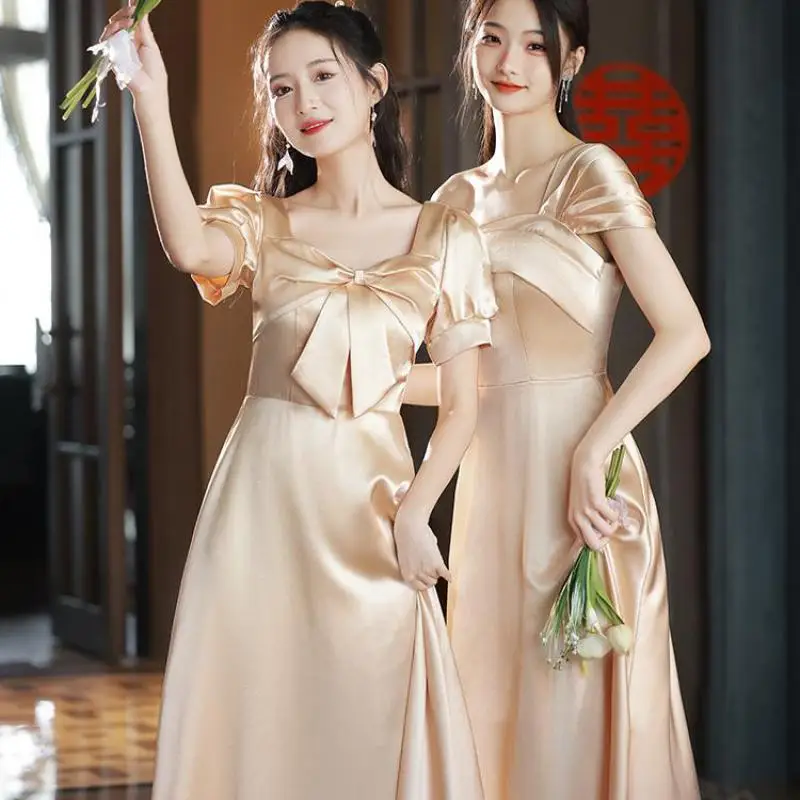 

Square Neck Satin Bridesmaid Dresses Champagne A-line Wedding Party Dresses Elegant Ankle-length Vestido De Dama De Honor