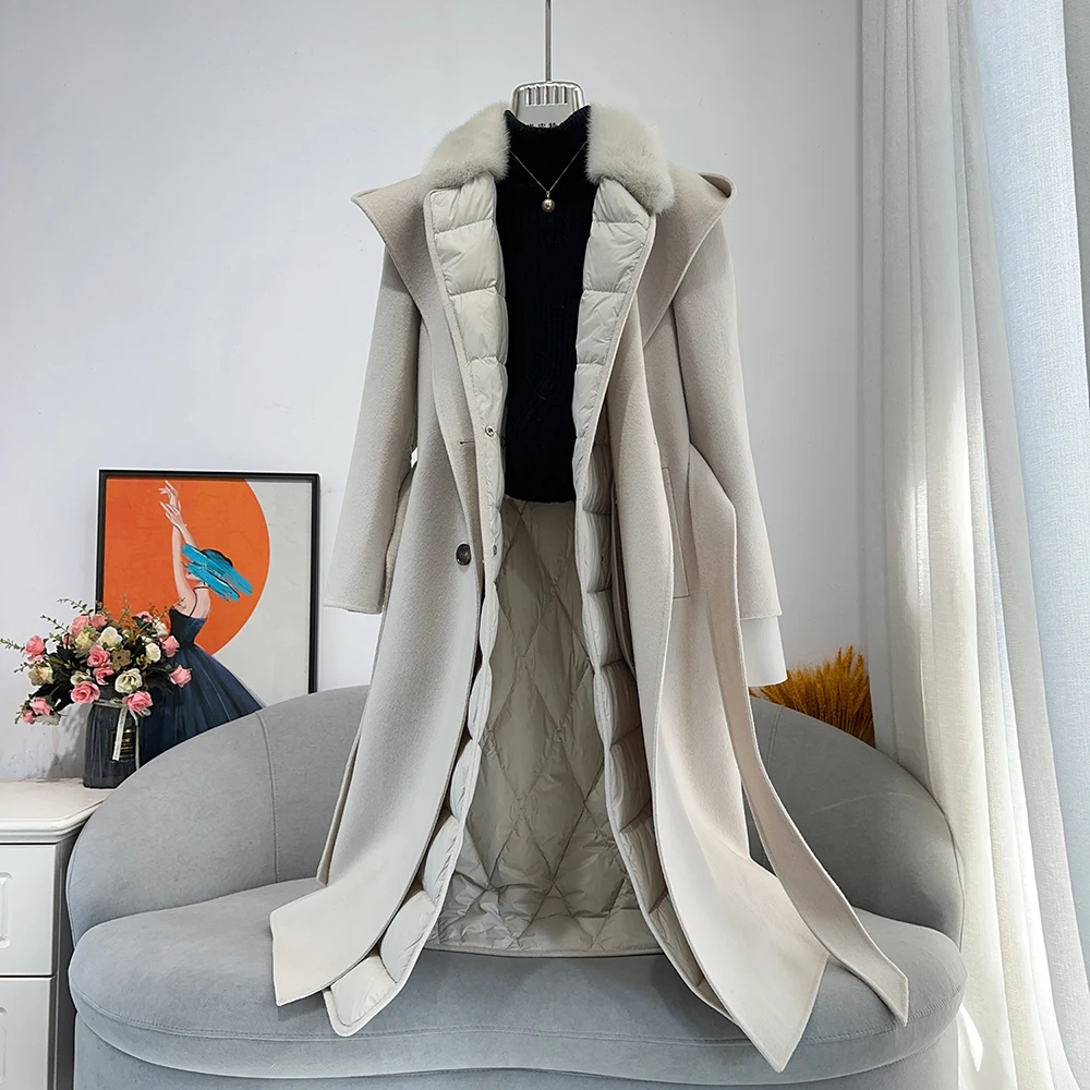 Women White Goose Down Thicken Double-Faced Woolen Fur Mid-Length Long Mink Fur Slimming Cashmere Down Jacket Hoodie Coat Hooded