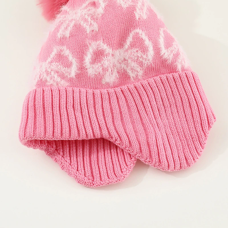 Gorros Plsuh con lazo rosa para niña, gorro cálido con protección para los oídos para bebé, gorro con orejeras con forro de terciopelo, gorro tejido de lana para niño de 1 a 5 años
