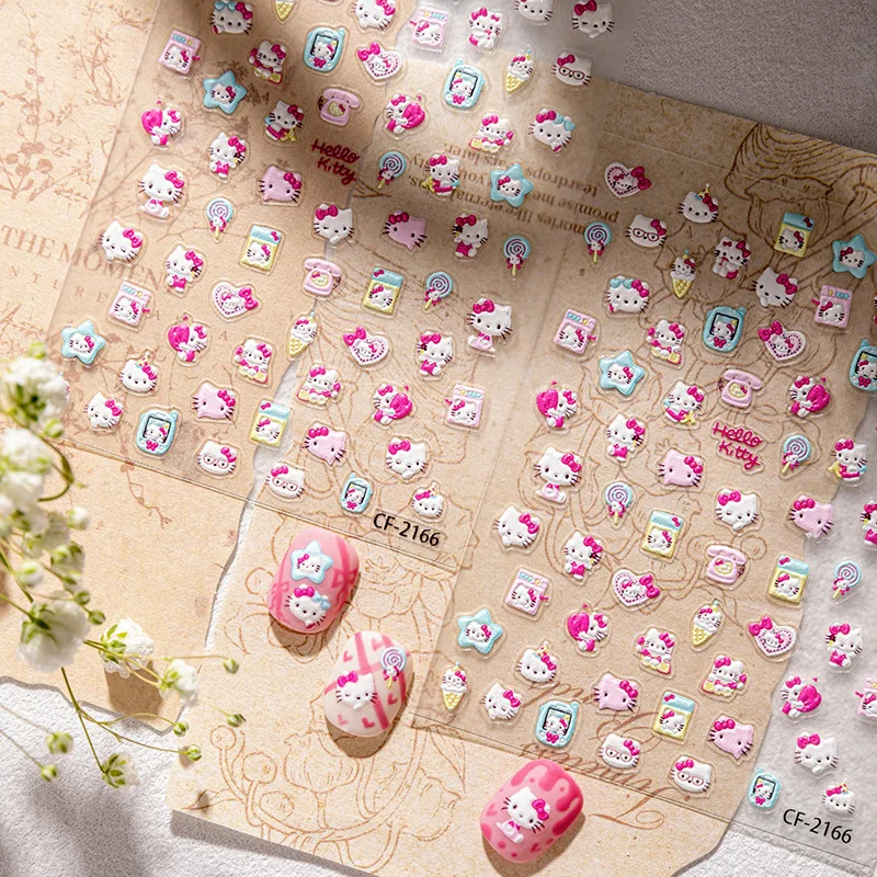 Naklejki na paznokcie Sanrio Pink Kawaii KT Cat 5D, tłoczone, urocze, kreskówkowe naklejki na paznokcie Hello Kitty, dekoracja.
