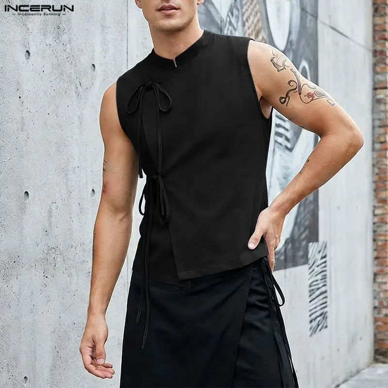 INCERUN Herren-Tanktops, einfarbig, Stehkragen, ärmellos, mit Schnürung, Herrenwesten, Sommer-Streetwear, stilvolle, lässige Herrenkleidung, Oberteile