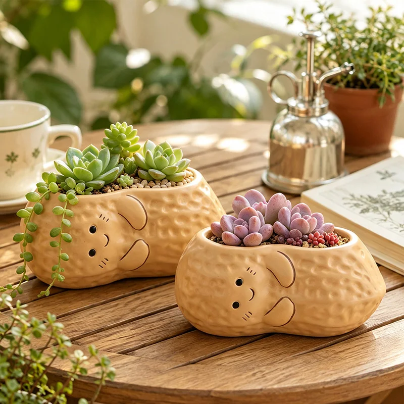Cute Peanut Shaped Succulent Planter Smiley Face Resin Flower Pot Plant Container for Desktop Balcony Garden Home Decor Gift