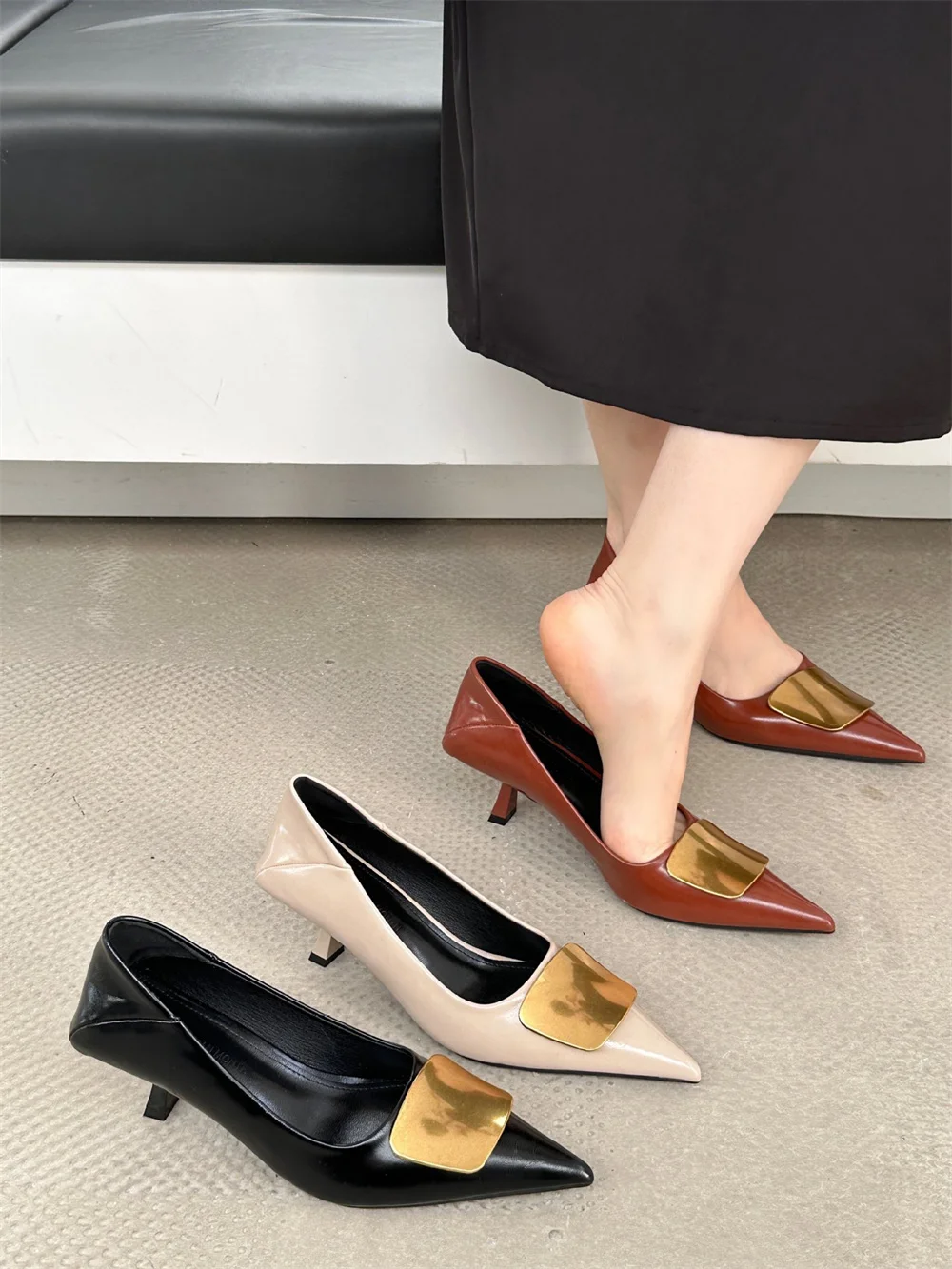 

Модные кожаные женские туфли-лодочки с острым носком последнего сезона 2024, элегантные офисные женские туфли во французском стиле на тонком каблуке для женщин