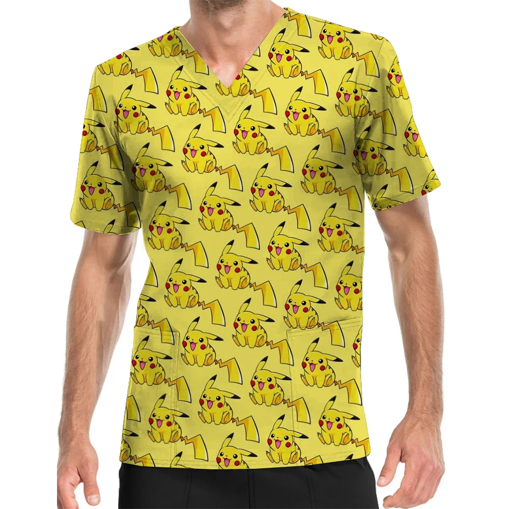 Men's short-sleeved children's center pet center V-Neck Print Scrub Top pet store Pikachu nurse clothes nursing clothes