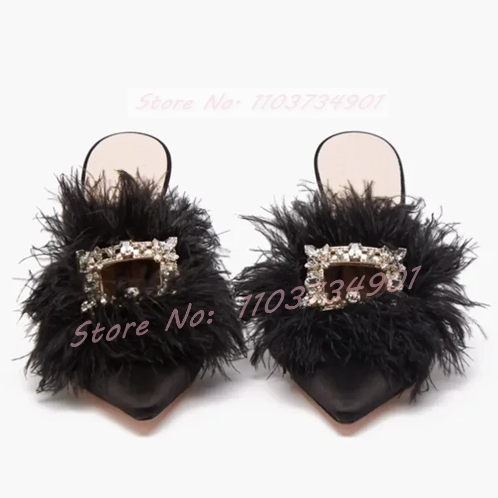 Crystals Pink Satin Outdoor Furry Slippers Female Elegant Pointy Toe Thin Heels Mules Women Party Sexy Casual Fashion Slippers