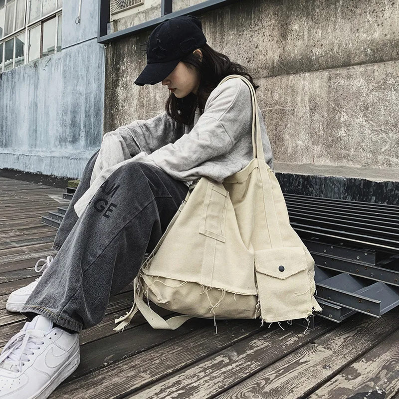 Women Large Canvas Tote Bag Vintage Frayed Raw Edge Casual Multi Pocket Shoulder Crossbody Bag