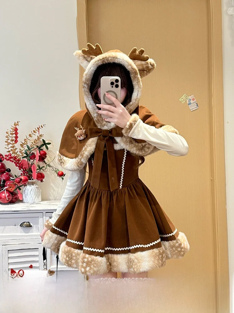 

Adorable Deer Girl Cowl Ne Dr And Coat Set Women's Faion Winter Outfit Sweet Aosphere Sense Two Piece Set for Teens