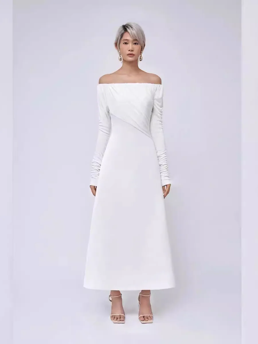 BEWQ แฟชั่นผู้หญิงชุดราตรีคอพลีทถักเย็บปะติดปะต่อกันเอวสีทึบชุดปาร์ตี้สุดหรู 2025 ฤดูใบไม้ร่วงใหม่