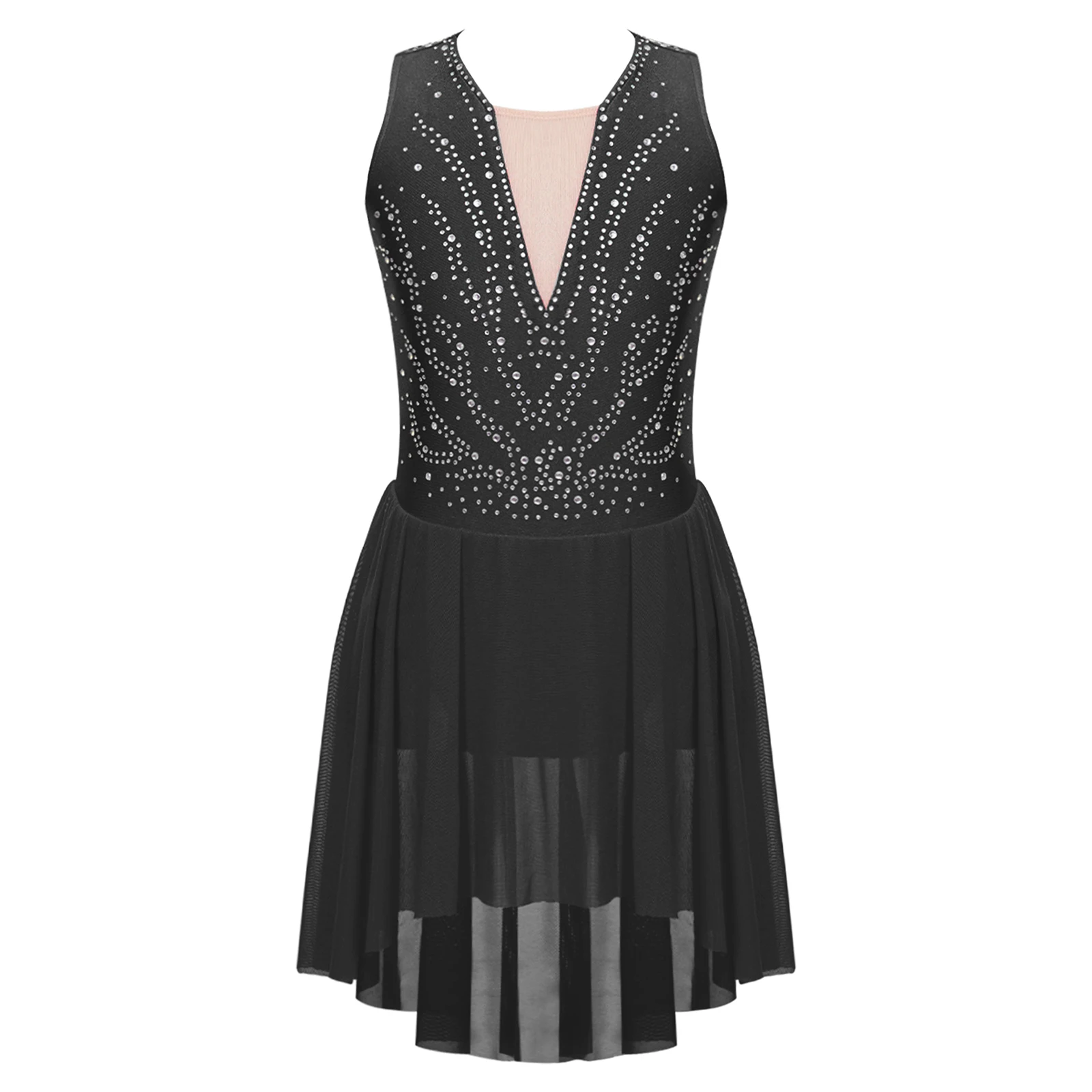 Vestido de dança lírica de strass para crianças, chiffon sem mangas, costas amarradas, balé contemporâneo moderno, traje de collant para meninas