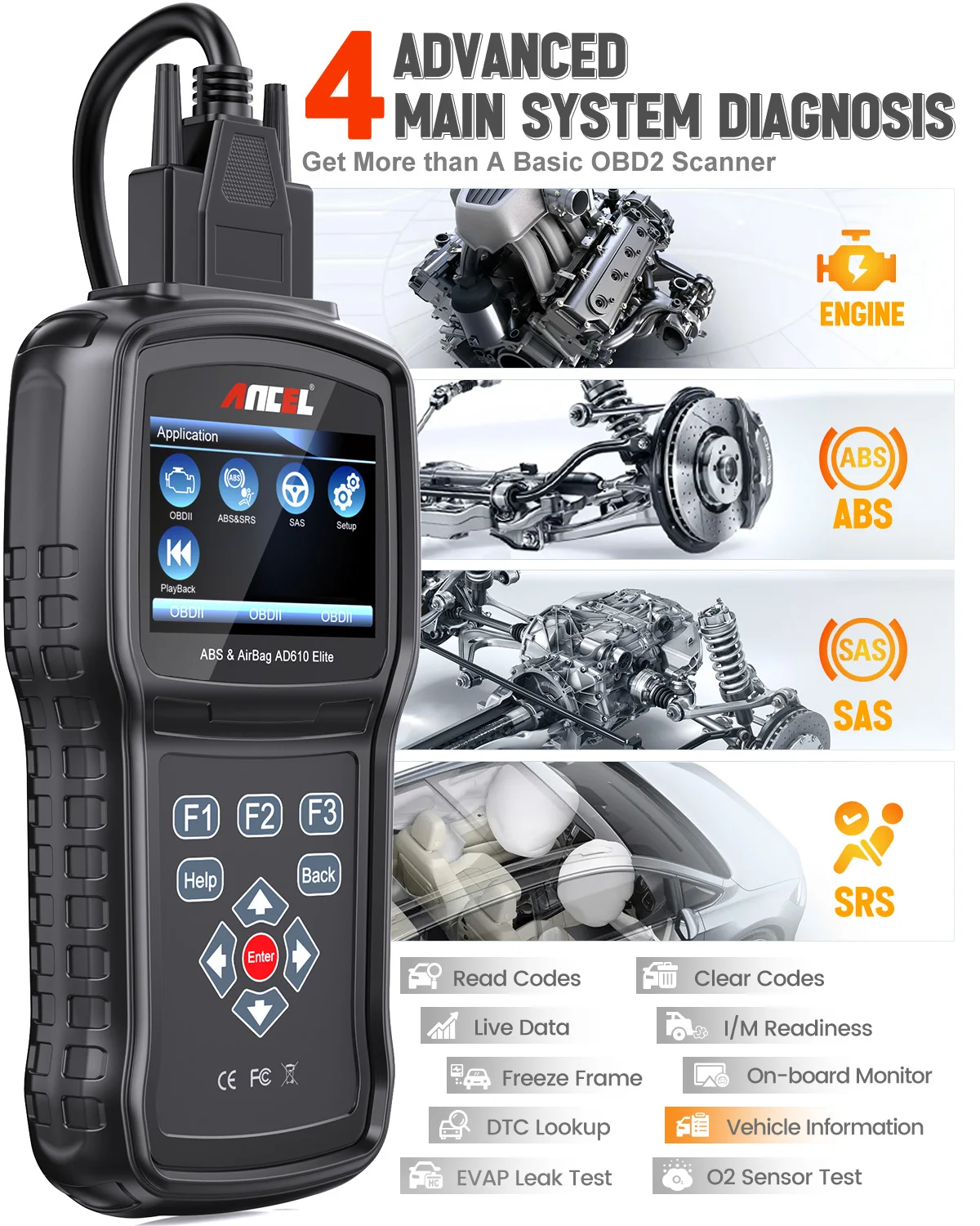 ANCEL AD610 Plus OBDII Scanner Bi-Directional Code Reader Check Engine Bleed Calibration Diagnostic Tools SAS ABS SRS Reset