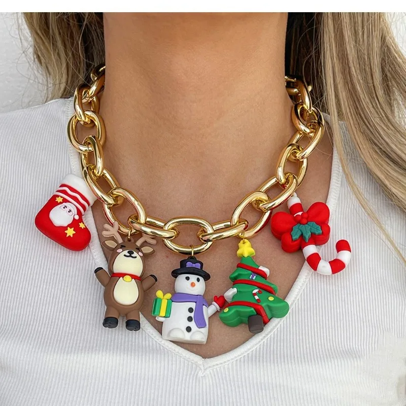 

Style Necklace Set Orange Color Series Deer Snowman Pendant Christmas Necklace With Rice Beads For Women