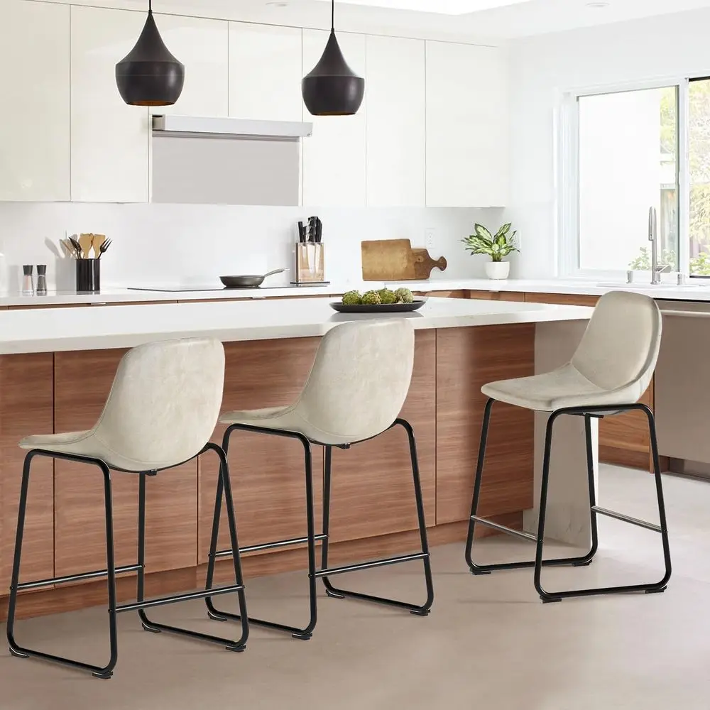 

Комплект из 3 барных стульев из ткани Leathaire, бежевые современные барные стулья со спинкой и подставкой для ног, регулируемой высоты, для паба, кофейни, дома, столовой