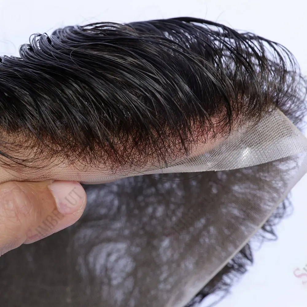 

Мужской парик-накладка из индийских натуральных волос на дышащей швейцарской сетке, с отбеленными узлами, имитирующий естественную линию роста волос