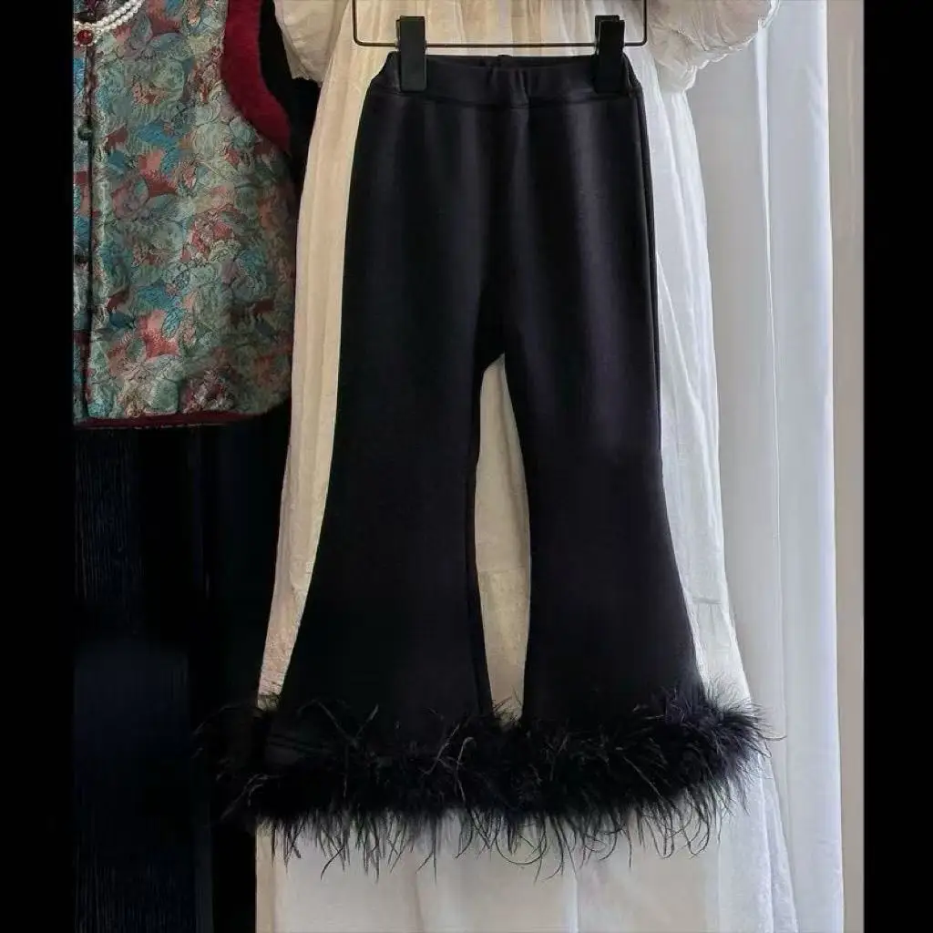 Kids Girls Black Flare Pants 2026 New Fashion Teenage Frayed Edges Velvet Pants Autumn Winter Clothing Japanese Korean Style