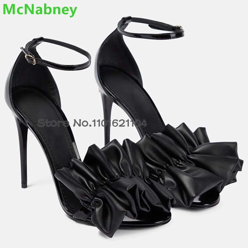 Black Thin High Heel Luxury Sandals For Female Women 2024 Peep Toe Pleated Flower Design Ankle Buckle Strap Summer Sexy Shoes