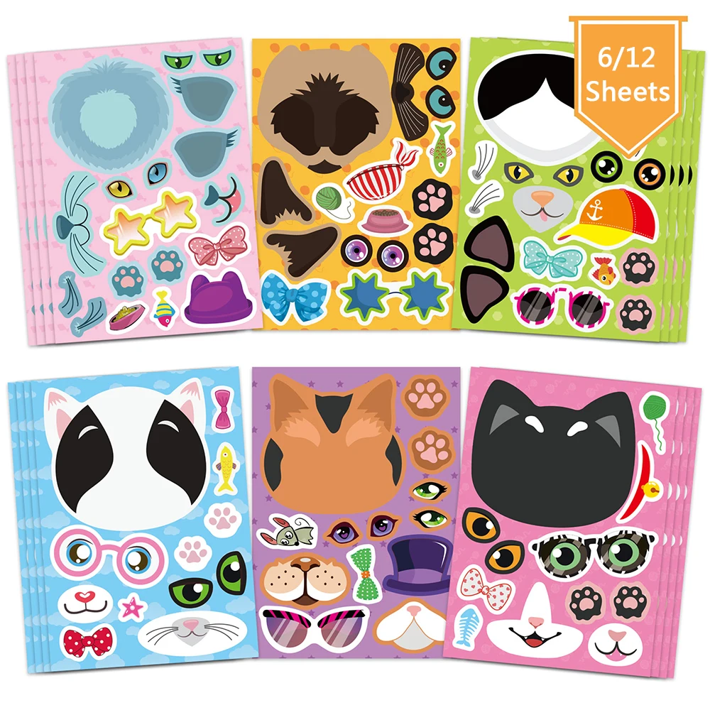 6/12Sheets Cute Cats Puzzle Sticker For Kids DIY Make a Animal Face Funny Children Assemble Jigsaw Education Toy Game Party Gift