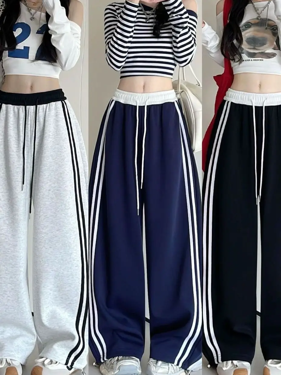 Retro High Waist Wide Leg Casual Pants Women's Spring Autumn Loose Floor-Length Drawstring Trousers Color Block Sports Sweatp...