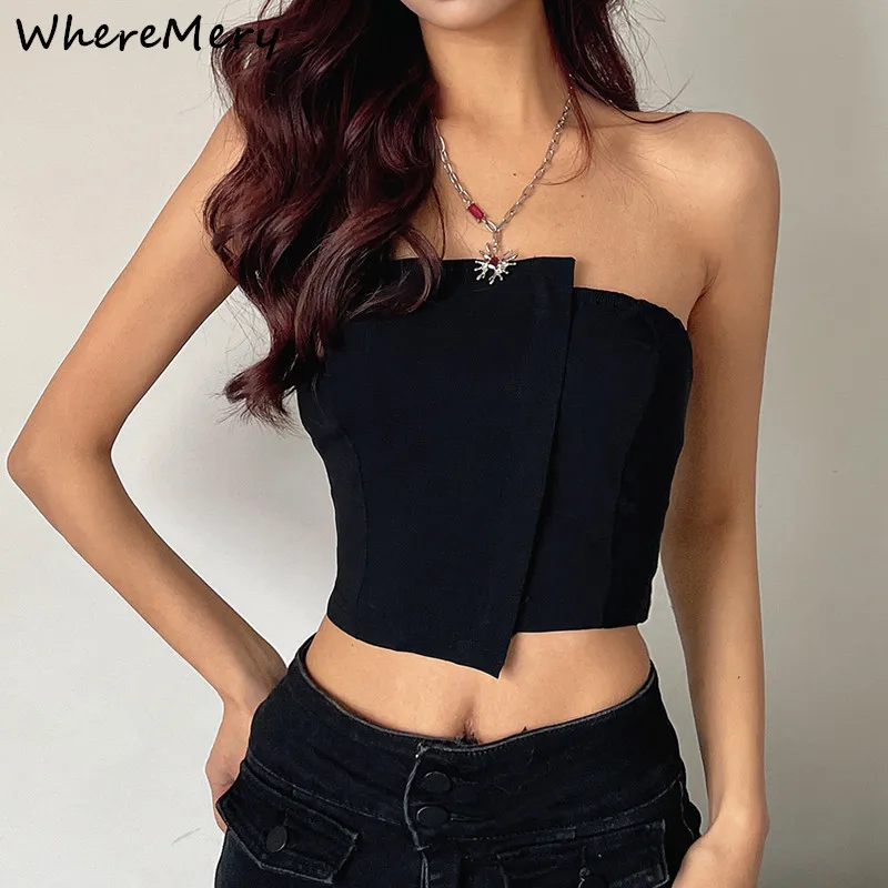 WhereMery Y2K Sexy Irregular Strapless Tank Top Women Backless Sleeveless Zipper Tube Tops Gothic Summer Off Shoulder Lady Vest