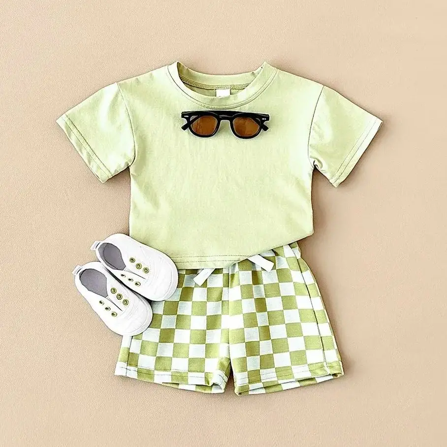 2PCS Kids Clothes Baby Boys Girls Solid Color Short Sleeve T-shirt Plaid Pattern Shorts Sets Baby Clothing Sets 0-3Y