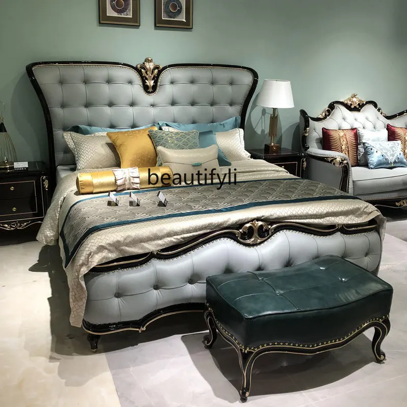 European-Style Leather Bed Bedroom Wood Carved New Classical Luxury 1.8 M Princess Bed Simple European Furniture