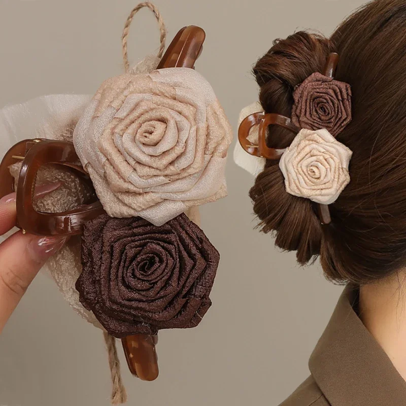 New Coffee Color Dried Rose Scratch Clip Flower Scratch Clip Female Back Of Head Large Headdress Shark Clip Hair Accessories