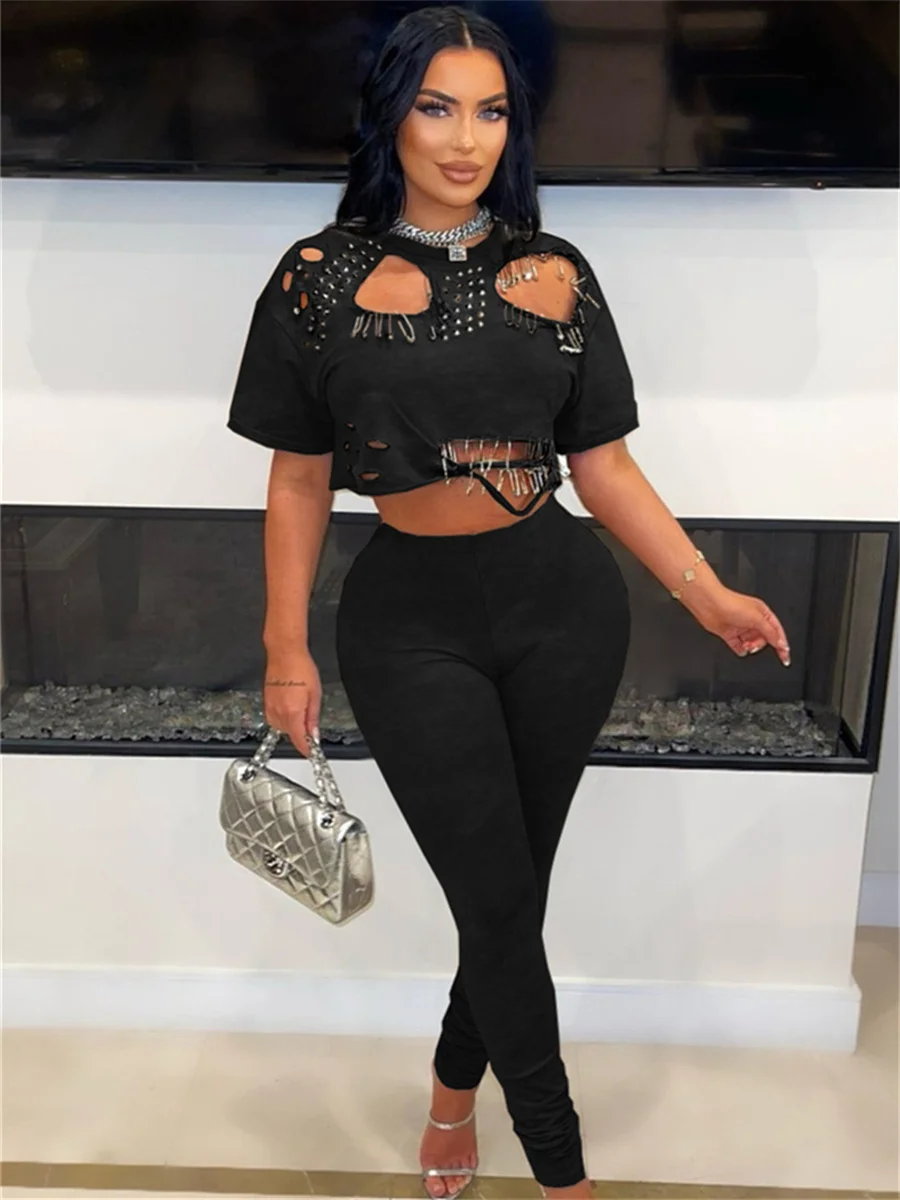 

Weird Puss Rivet Hollow комплект из 2 предметов женский повседневный базовый укороченный топ с булавками + узкие ручки простой тренд спортивный уличный спортивный костюм