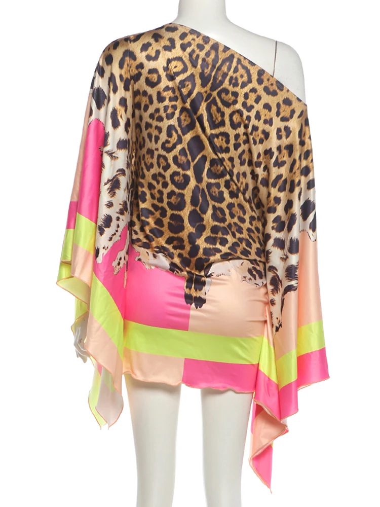 Weird Puss Kleid mit buntem Print, sexy, für Damen, mit asymmetrischem Kragen, Puffärmeln, wildem Coquette-Look, für Mitternachtspartys und Clubs, figurbetont – Detail 5
