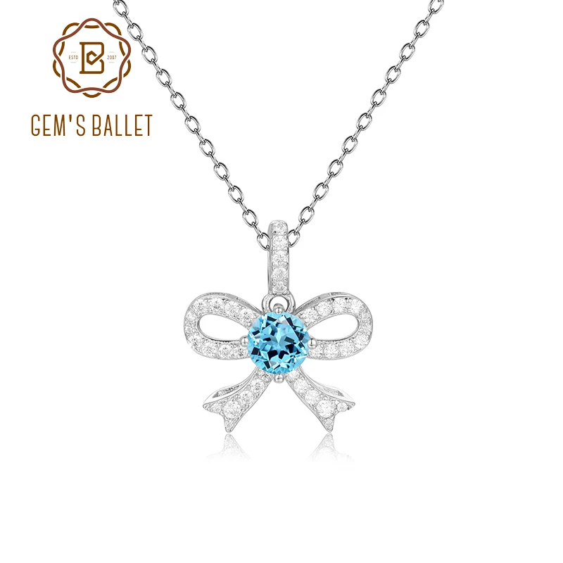 

GEM'S BALLET Dainty Delicate Ribbon Bow Tie Necklace 5mm Round Swiss Blue Topaz Pendant Necklace in 925 Sterling Silver