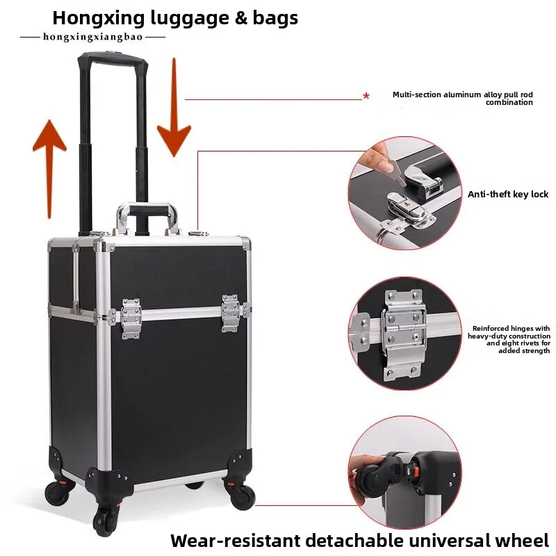 Rolling Makeup Case, Lockable Cosmetic Trolley with Aluminum Alloy Pull Handle and Removable Swivel Wheels, 34 x 24 x 54.5cm - Thumbnail 5