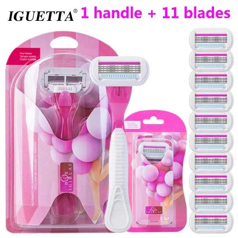 (1 mango + 11 cuchillas) cuchilla de afeitar de seguridad de calidad para mujer, belleza, Bikini, depilación, juego de afeitado, cabezales de repuesto para afeitadora Venus