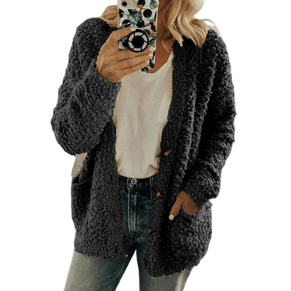 Women Spandex Jacket Warm Plush Coat with Pockets for Autumn Winter Work Plush Jacket