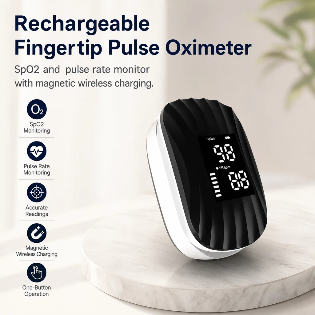 AiQUE Rechargeable Fingertip Pulse Oximeter LED Display Magnetic Wireless Charging Medical SpO2&Pulse Oxygen Saturation Monitor