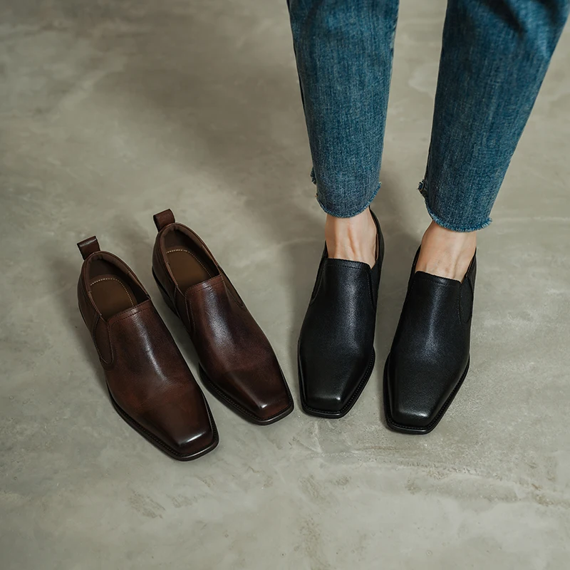 2026 new spring autumn women pumps natural leather 22-25cm washed cowhide+sheepskin+pigskin square toe women shoes Retro loafers