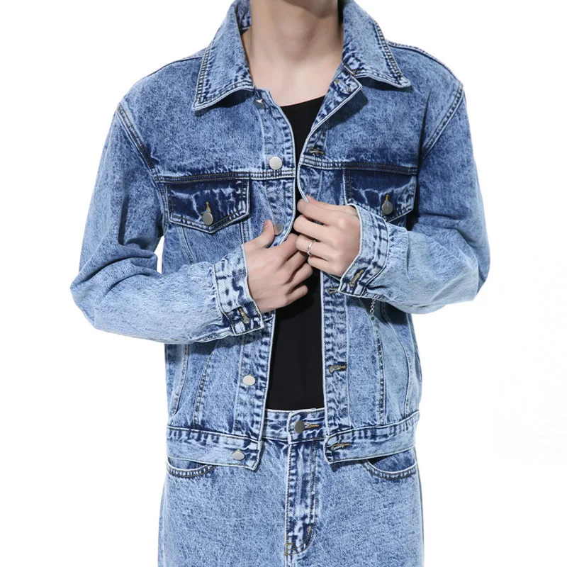 Niche Design Men's Two-piece Sets Loose Short Denim Jackets Wide Leg Solid Color Straight Pants Fashion 2024 Autumn