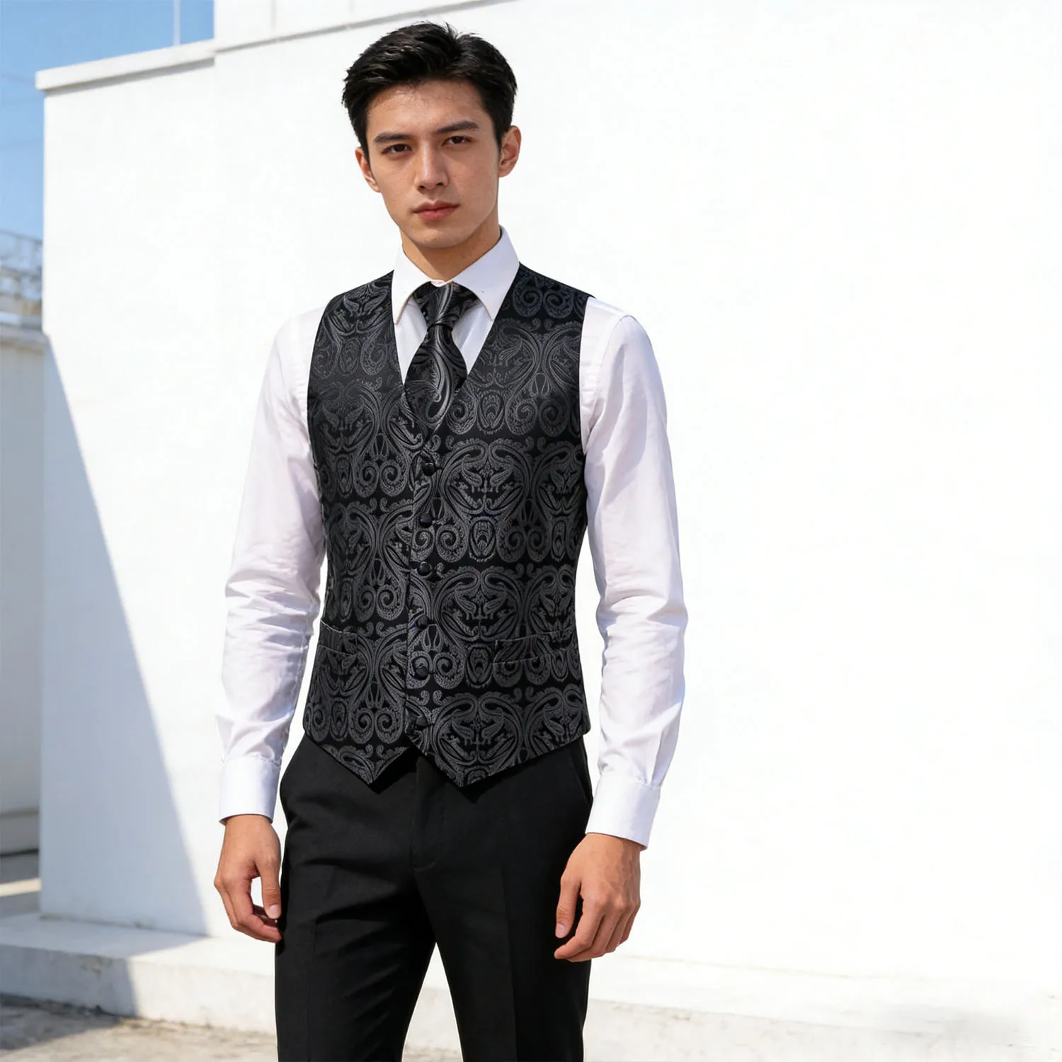 

Men's All Black Floral Vest & Tie Hanky Cufflinks Set – Formal Biege Grey White Waistcoat for Weddings Events Party Gift