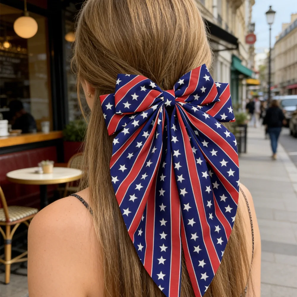 Patriotic Themed Spring Hair Barrette Star Stripe Ribbon Bow Festive Holiday Styling Accessory For Celebratory Party Event