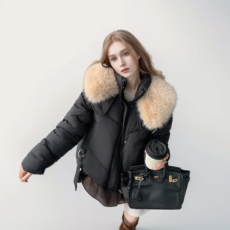 Drawstring Lady's Winter Quilted Jacket pure Color Luxury Fur Collar Pockets Zipper Coat For Women Slouchy-Style Female's Coat