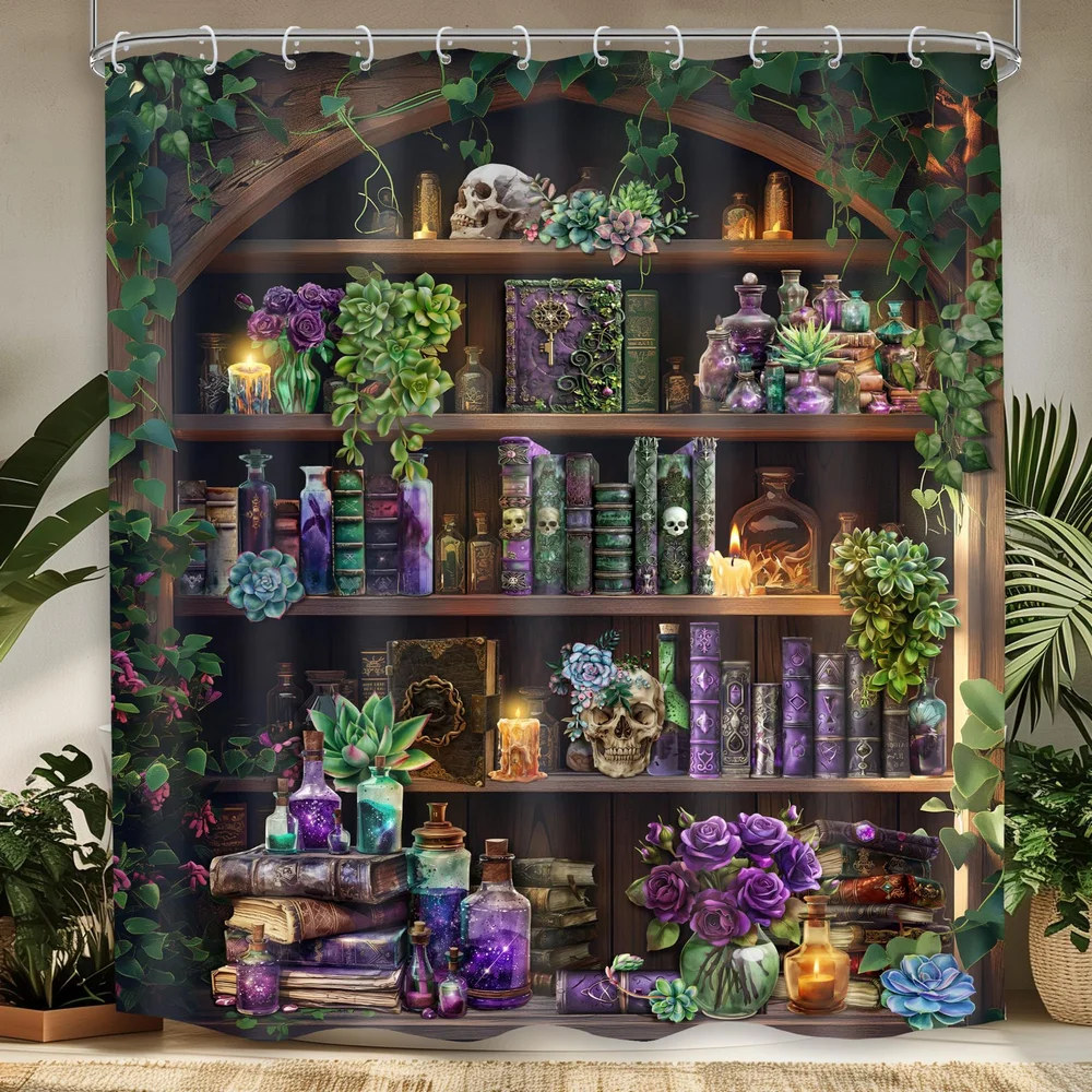 Skeleton Bookshelf Shower Curtain Magical Gothic Skull Witch Retro Plant Mystical Halloween Bathroom Decor Curtain Home Decor