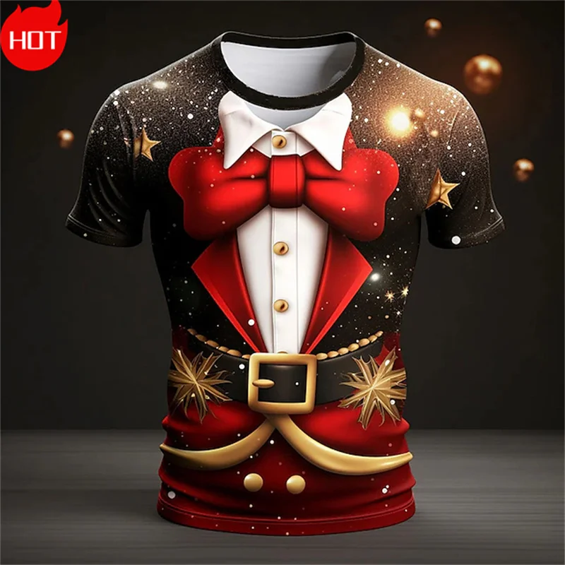 3D Merry Christmas Bow Tie Print T Shirt Cute Santa Claus Reindeer Graphic Short Sleeves Funny Streetwear Mens Clothing T-shirts