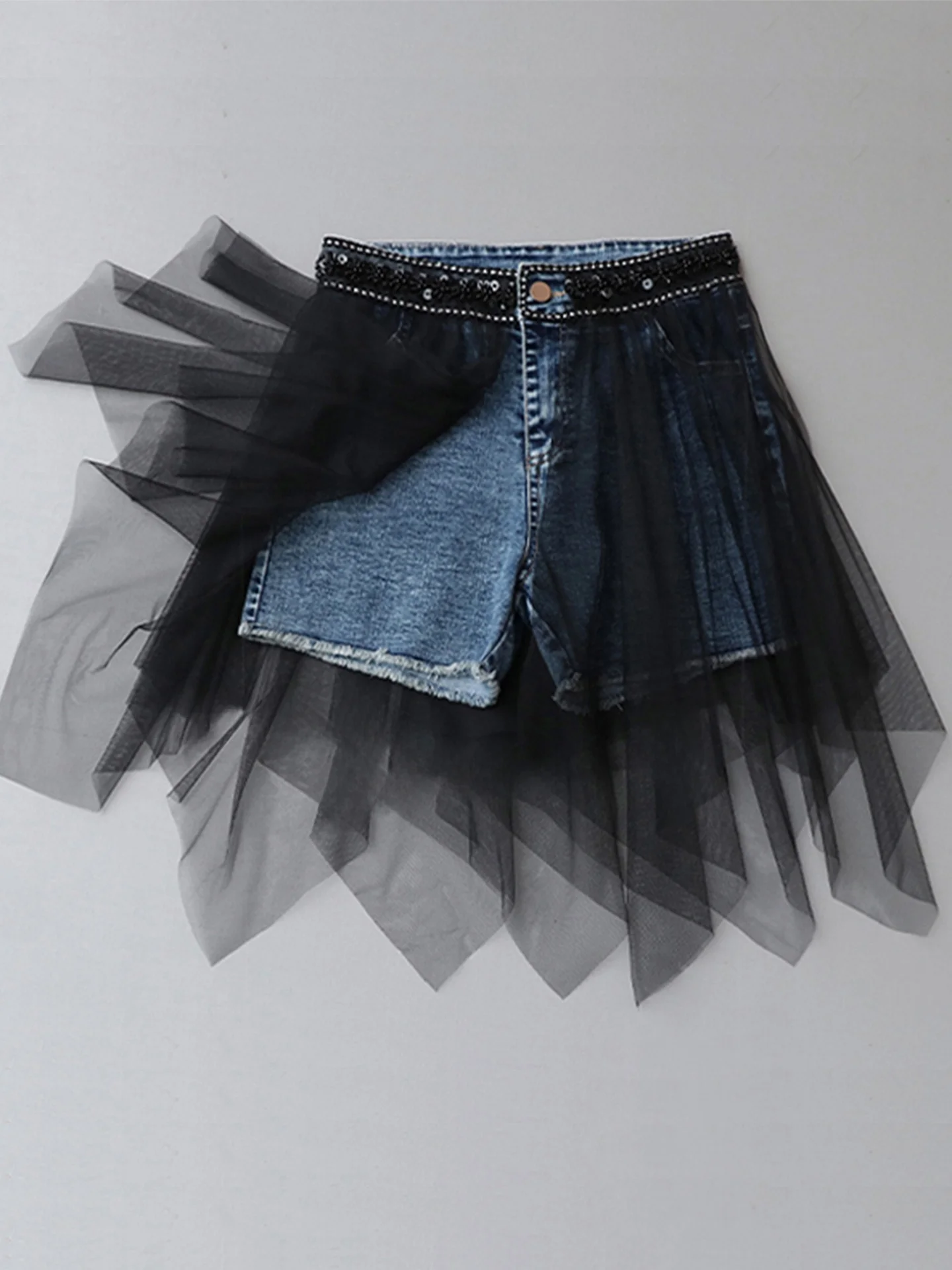 Fairytale Half Skirt High Waist Asymmetrical Denim Mesh Splicing Short Pants Fake Two-Piece Pants Skirt for Young Women