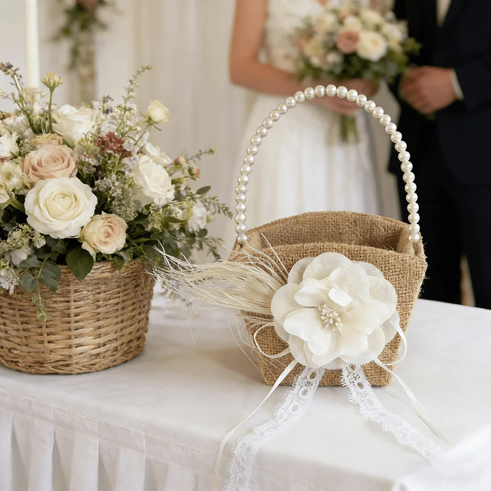 Burlap Flower Girl Basket with Pearl Handle, Vintage Flower Basket Jute Roses Rustic Wedding Flower Girl Basket With Lace Satin