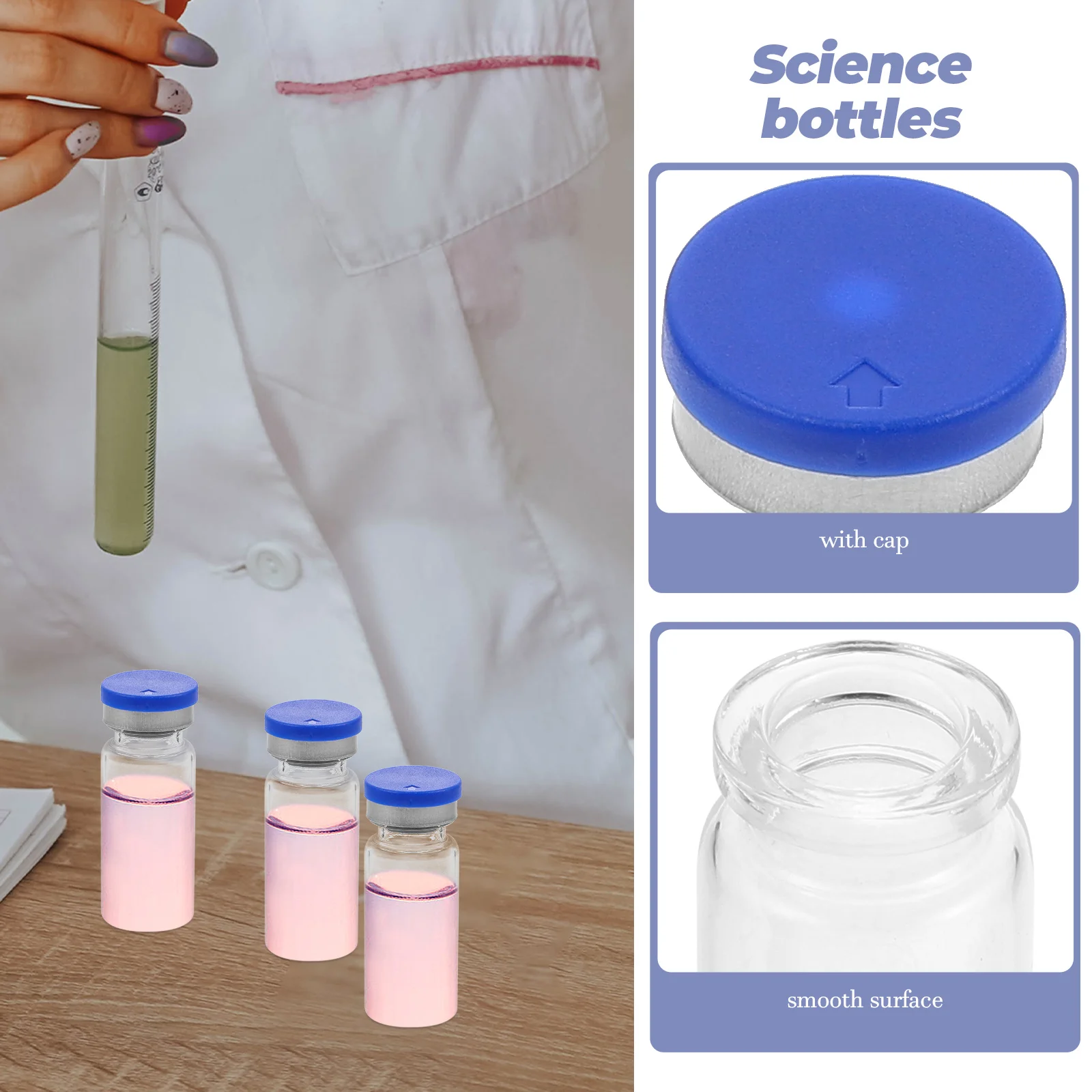 Botella de polvo liofilizado de 20 piezas, botellas de experimentos, Vial, artículos de vidrio científicos, contenedores de viaje para líquidos, espacio principal con tapa