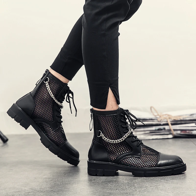 New Fashion Korean Edition Chelsea Boots Men Boots Pointed Black Mesh Face Breathable Lace up Business Dress Boots Size 38-46