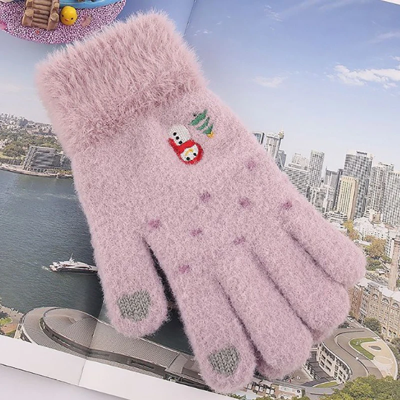 Guantes cálidos de invierno para mujer y niña, manoplas de dedo completo bordadas con muñeco de nieve, guantes de pantalla táctil, mitones de punto suave