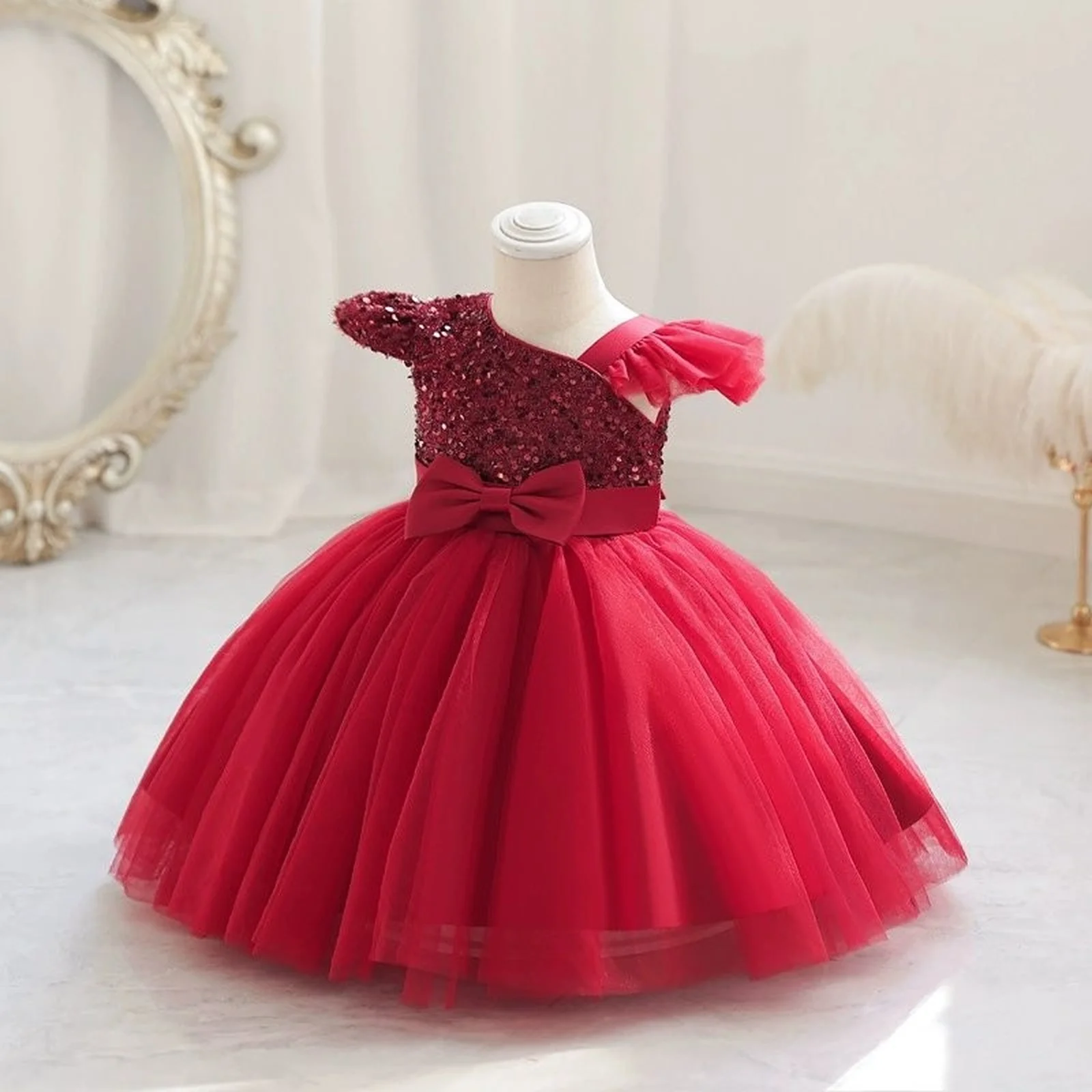 

Toddler Baby Sequin Party Dresses Baptism Wedding 1 Year Birthday Bow Princess Dress For Baby Girl Tulle Bridemaid Gown Vestidos