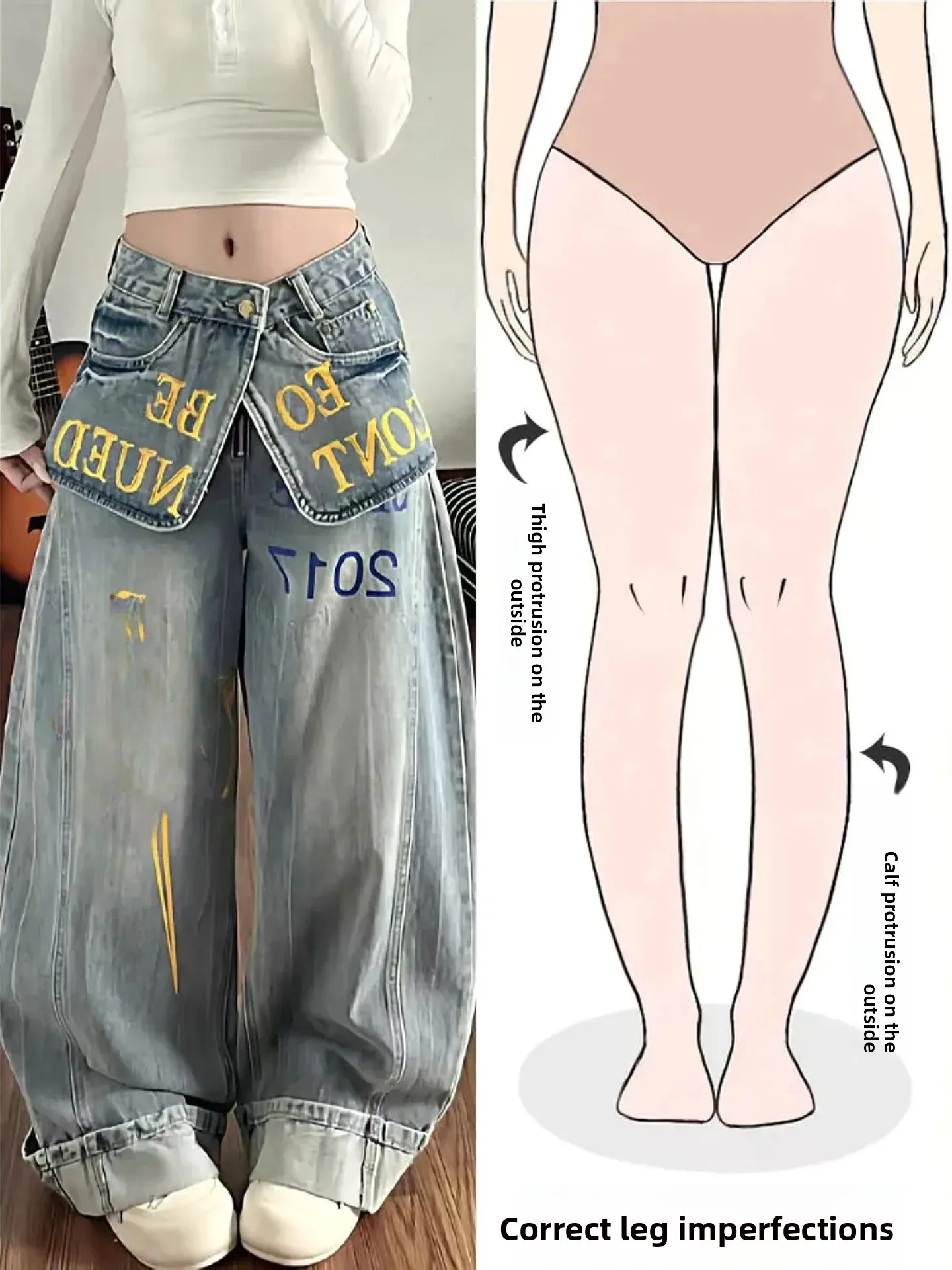 

American Retro Letter Print Fake Two-Piece Denim Jeans Women's Autumn New Streetwear Pear Body Shape Wide Leg Pants