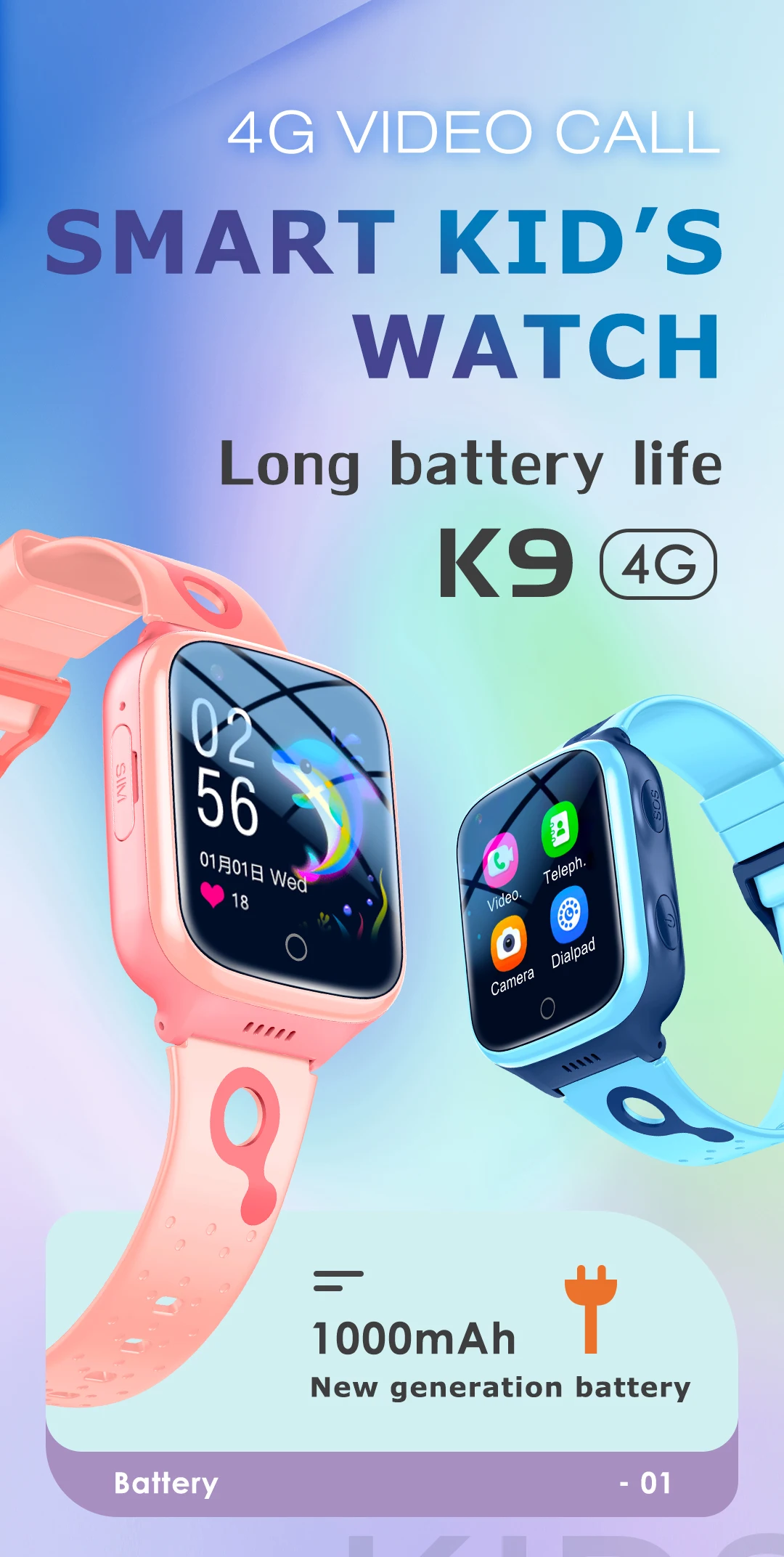 Kids Smart Watch for Children GPS Positioning 4G Sim Card SOS Phone Call 1000mAh Waterproof Footprint Track Safety Monitor K9H