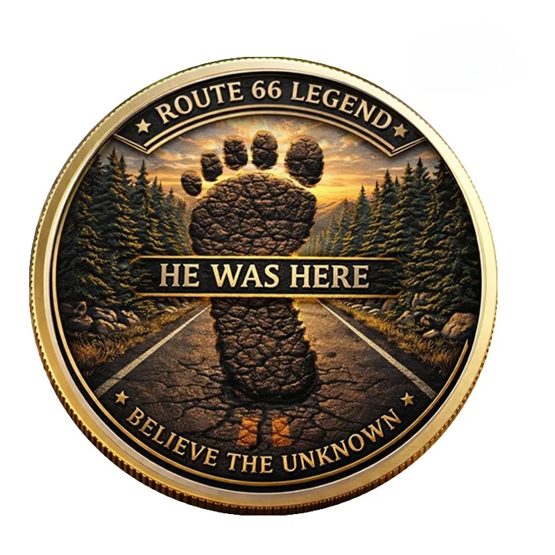Bigfoot on Route 66 Challenge Coin Double-Sided Gold Plated Collection Coin Americana Road Trip Themed Coin Medal Souvenir Gift