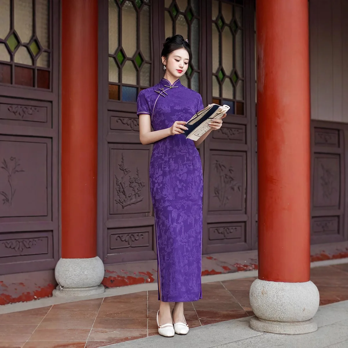 

Летнее жаккардовое атласное длинное платье Cheongsam, винтажное шелковое Ципао с коротким рукавом, повседневные женские тонкие вечерние платья